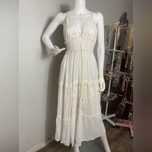 Omango Boho Ivory Color Maxi Dress with Glitter, Lace Embroidery
